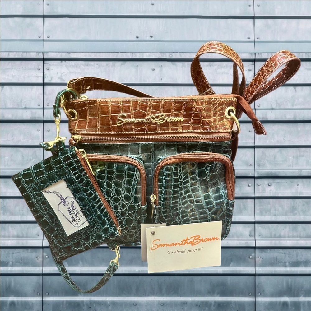 Samantha Brown Crocodile Embossed Brown and Green Crossbody Bag